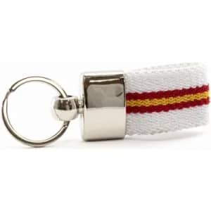 A keychain featuring a white strap with red and yellow stripes, attached to a silver metal ring.