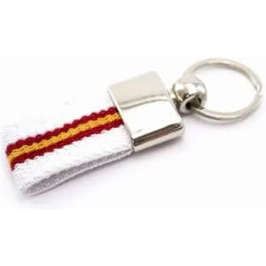 A keyring featuring a white fabric strap with red and yellow stripes and a silver metal clip.