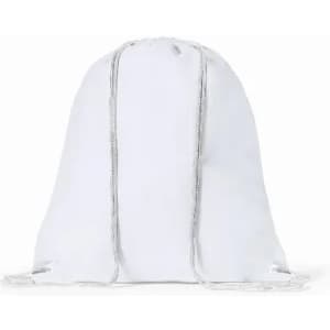 A white drawstring bag with silver trim, featuring a gathered top and a smooth exterior.
