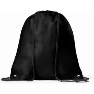 A drawstring backpack in black with two straps and metal eyelets for fastening.