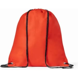 A drawstring bag in bright red with black straps and eyelets, featuring a simple and minimalistic design.
