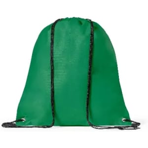 A drawstring bag in bright green with black drawstrings and eyelets. Minimalist design with a smooth finish.