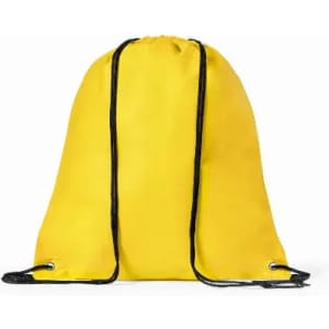 A drawstring backpack in bright yellow with black cord straps. It features metal eyelets for durability.