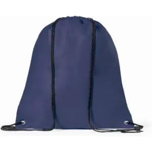 A drawstring backpack in navy blue with black cords and eyelets, featuring a simple design and no visible logos.