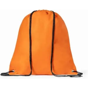 A drawstring bag in bright orange with black cords, featuring a simple design and eye-catching colour.