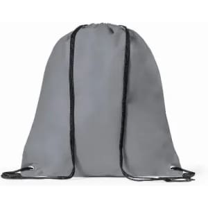 A drawstring backpack in grey with black cord straps and silver eyelets, featuring a simple design and no visible branding.