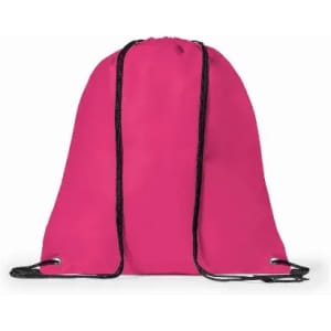 A drawstring backpack in bright pink with black cords and eyelets for easy closure and carrying.