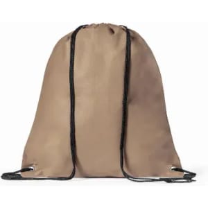 A drawstring bag in a light brown colour with black cords for closure and adjustable straps. It features a logo.