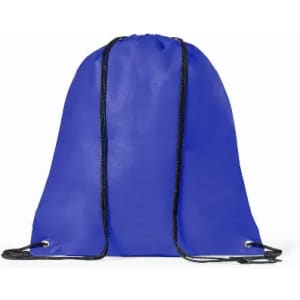 A blue drawstring backpack with black cords and eyelets for closure. It features a smooth, shiny surface.