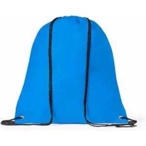 A drawstring bag in bright blue with black cords for closure and carry. Features eyelets for the drawstring.