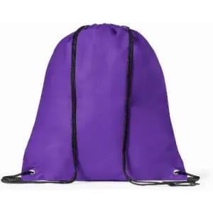 A drawstring bag in vibrant purple with black cords for closure. Simple and lightweight design.