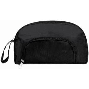 A black cosmetic bag with a zip closure and a handle, featuring a rounded shape and a front pocket.