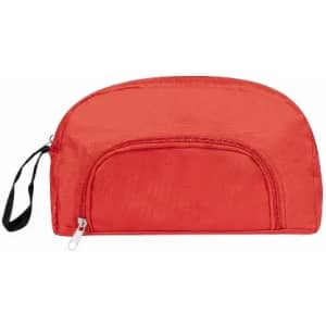 A red cosmetic bag with a zip closure and an additional front pocket, featuring a black carrying strap.