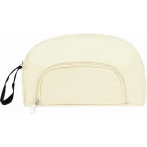 A cream-coloured cosmetic bag with a curved top, featuring a zip closure and a black strap.