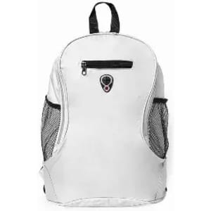 A white backpack with black mesh side pockets and a front zip pocket, featuring a logo on the front.