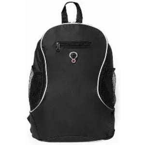 A black backpack with mesh side pockets and a zippered front pocket, featuring a logo on the front.