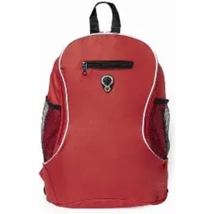 A red backpack with a front zip pocket and black mesh side pockets, featuring a logo on the front.