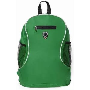A green backpack featuring a front zip pocket and mesh side pockets, with a logo on the front.