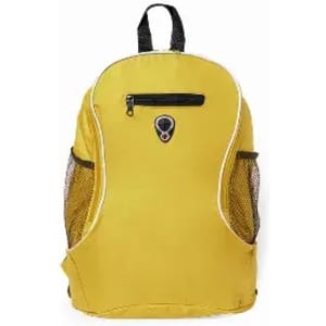 A yellow backpack with a zippered front pocket and mesh side pockets. It features a logo on the front.