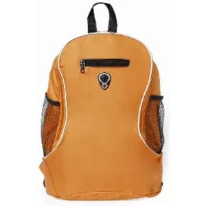 A backpack in orange with black accents, featuring a front zip pocket and side mesh pockets.