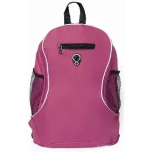 A pink backpack with a front zip pocket and mesh side pockets, featuring a logo on the front.