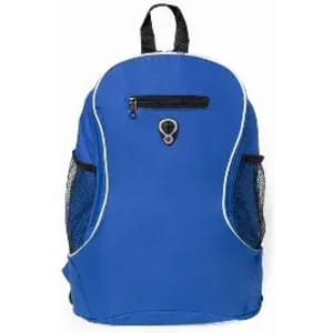 A blue backpack with a zippered front pocket and mesh side pockets. It features a logo on the front.