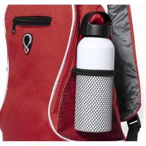 A white drink bottle in a mesh side pocket of a red backpack, featuring a black lid and logo.