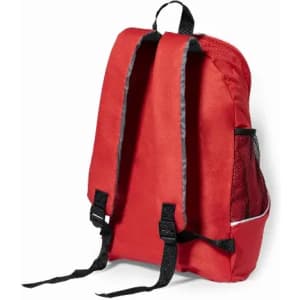 A red backpack featuring black straps and a mesh side pocket, with a simple design and no visible logos.