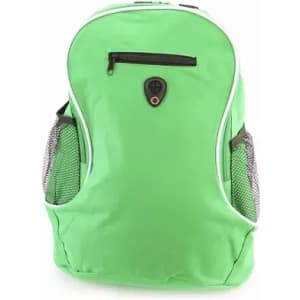 A green backpack with a zippered front pocket and mesh side pockets. Features logo on the front.