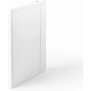 A notebook with a white cover, featuring a strap closure and a minimalist design.