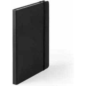 A black notebook with a sturdy cover and an elastic band closure. It stands upright on a white surface.