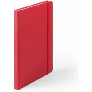 A red notebook with a smooth cover and an elastic band closure, standing upright on a white background.