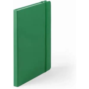 A green notebook with a flexible cover and an elastic band closure. It has a minimalist design.