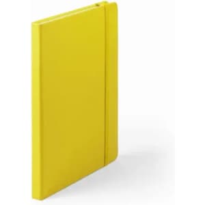 A yellow notebook with a sleek design and an elastic closure, featuring a branding logo on the front.
