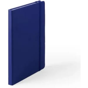 A blue notebook with a flexible cover and elastic band closure, featuring a simple design.
