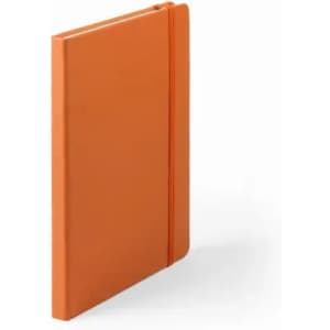 An orange notebook with a soft cover and an elastic band closure, standing upright on a white background.