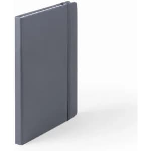 A notebook with a sleek grey cover and an elastic band closure. It features a minimalist design.