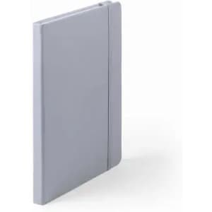A grey notebook with a smooth cover and an elastic band closure, featuring a simple design.