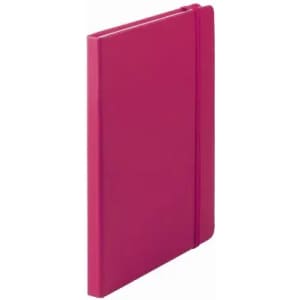 A pink notebook with a hard cover and an elastic band closure. It features a simple design without visible text.