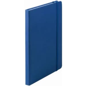 A blue notebook with a flexible cover and an elastic band closure, featuring a logo on the front.