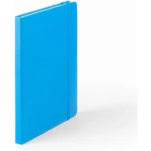 A blue notebook featuring a flexible cover and an elastic band closure, standing upright on a white background.