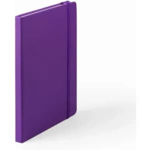 A purple notebook with a band closure, featuring a sleek design and a smooth finish.