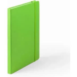 A green notebook with a flexible cover and an elastic closure. It features a logo on the front.