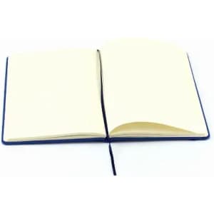 An open notebook with blank cream pages and a blue cover, featuring a ribbon bookmark.