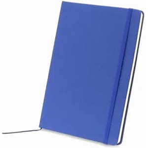 A blue notebook with a plain cover, featuring a ribbon bookmark and stitching along the spine.