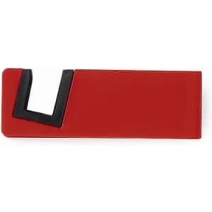 A red promotional product with a black accent and a unique triangular shape. It features a branding logo.