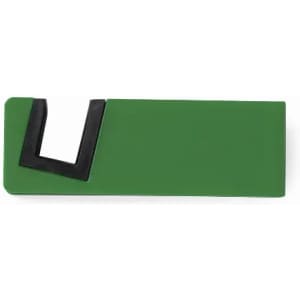 A green drink bottle with a black section and an angled opening. It features a logo on the surface.