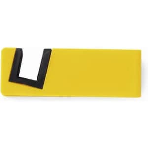 A yellow product with a black accent, featuring a rectangular shape and a cut-out section.