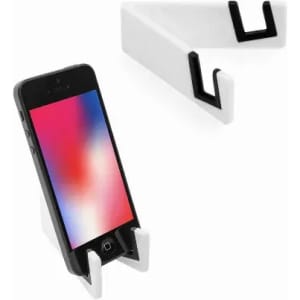 A phone stand in white and black, holding a smartphone upright. It features a simple, modern design with a logo.