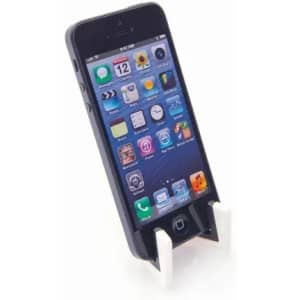 A smartphone displayed in a black case, standing on a white phone holder. The screen shows various app icons.